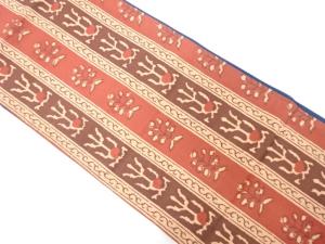 手織り節紬　縞に抽象花模様織り出し　全通袋帯